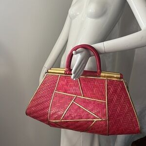Pink Rattan Gold Lame Leather Zip Large Structured Handbag